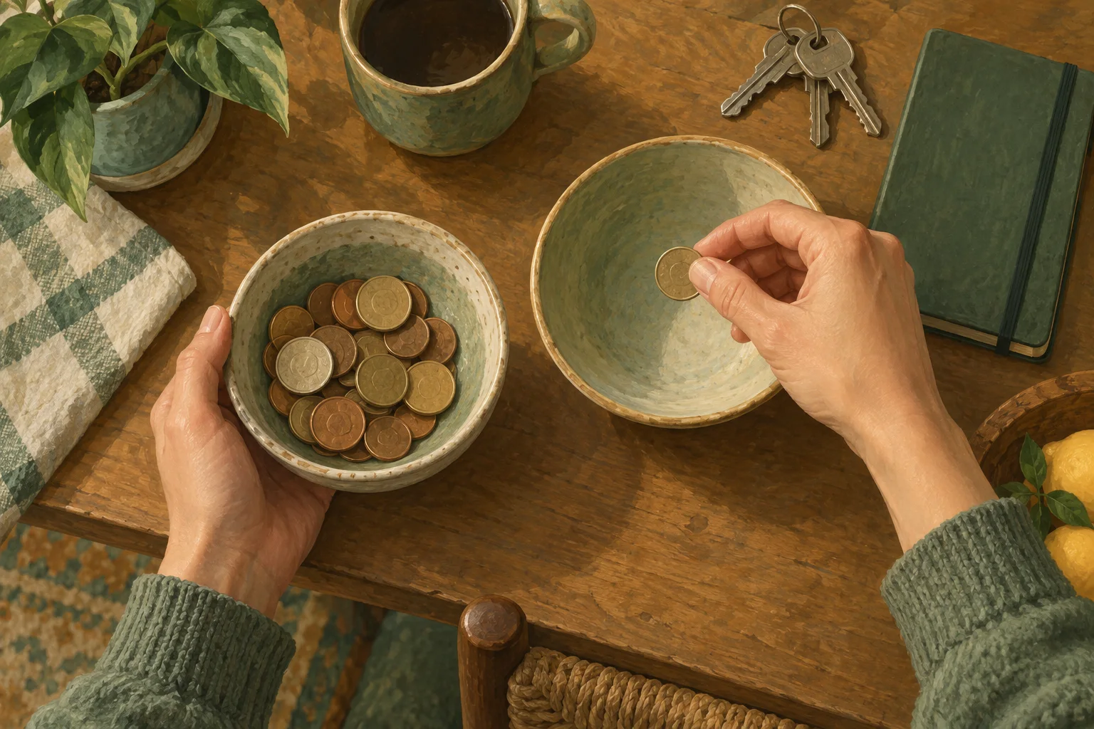 Illustration de mains répartissant des pièces entre deux bols sur une table avec des clés et un carnet.