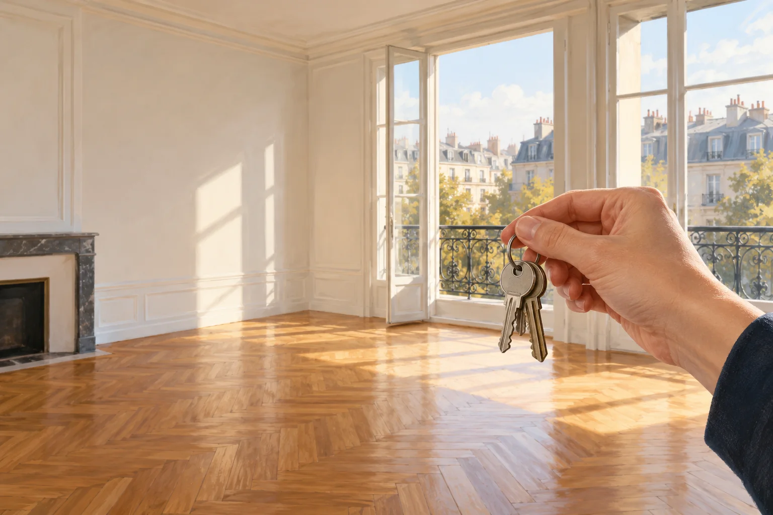 Main tenant des clés dans un appartement vide et lumineux avec parquet.
