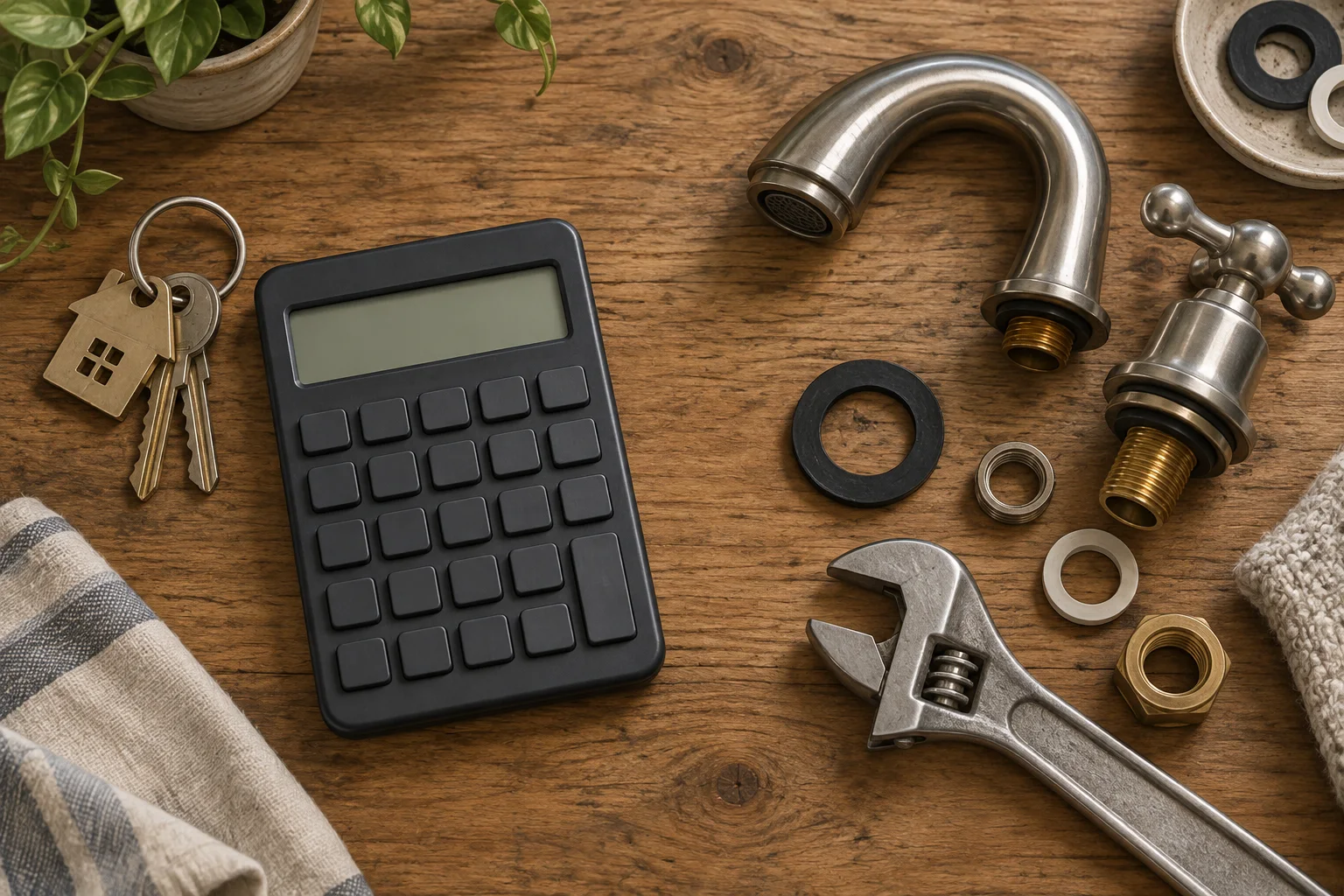 Calculatrice sans inscriptions, clés et pièces de robinetterie disposées sur une table en bois.