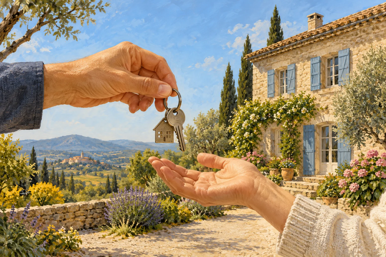 Illustration de mains échangeant des clés devant une maison en pierre dans un paysage provençal.