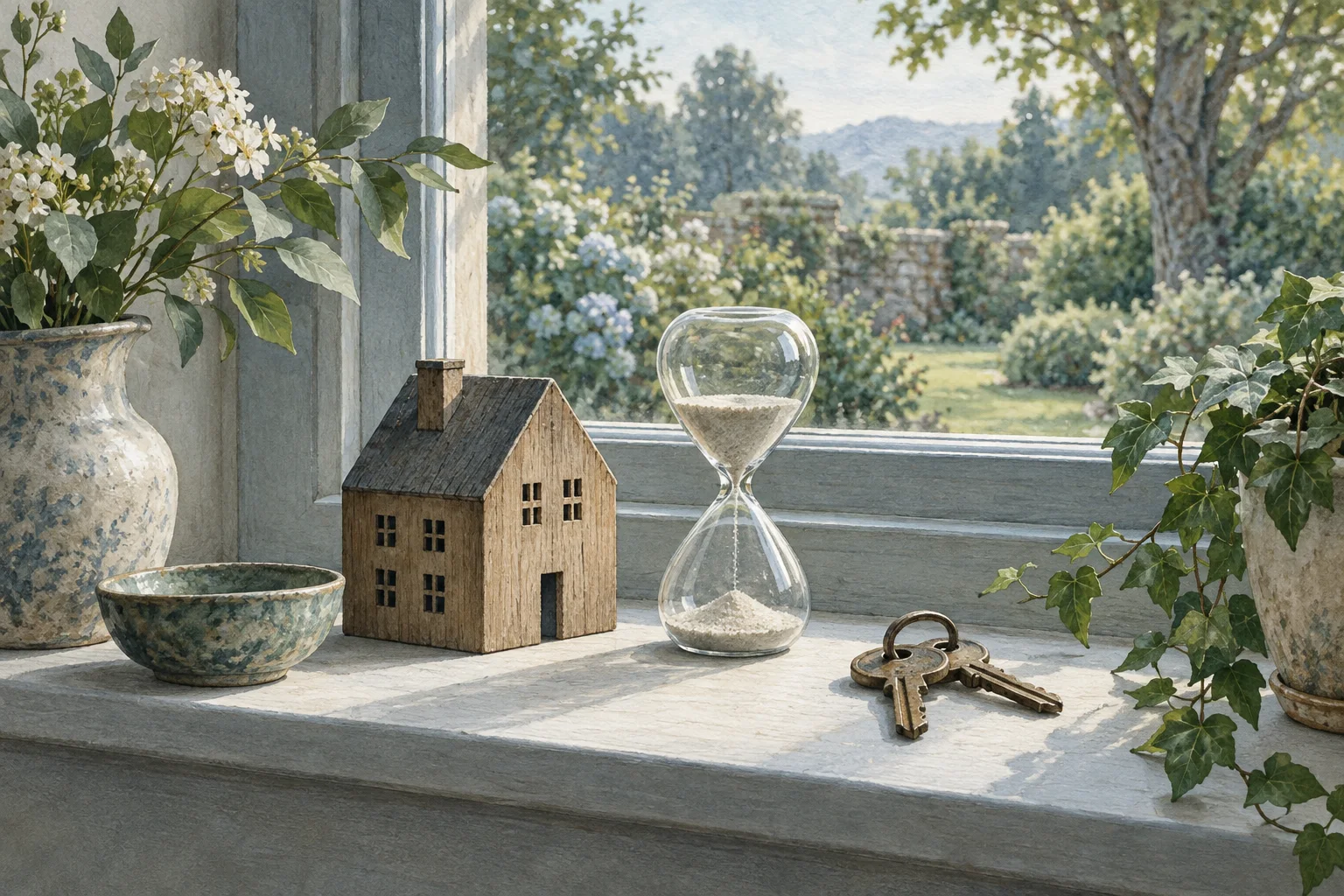 Illustration d’une maison miniature, d’un sablier et de clés sur un rebord de fenêtre donnant sur un jardin.