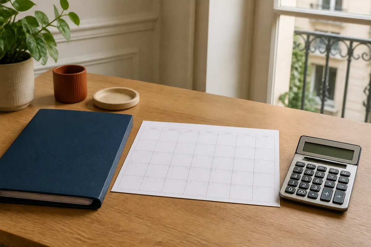 Calendrier mensuel, calculatrice et dossier de loyers sur un bureau