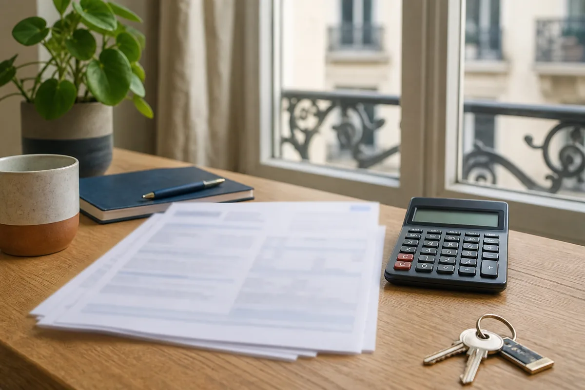 Bailleur vérifiant un avis fiscal avec une calculatrice sur un bureau