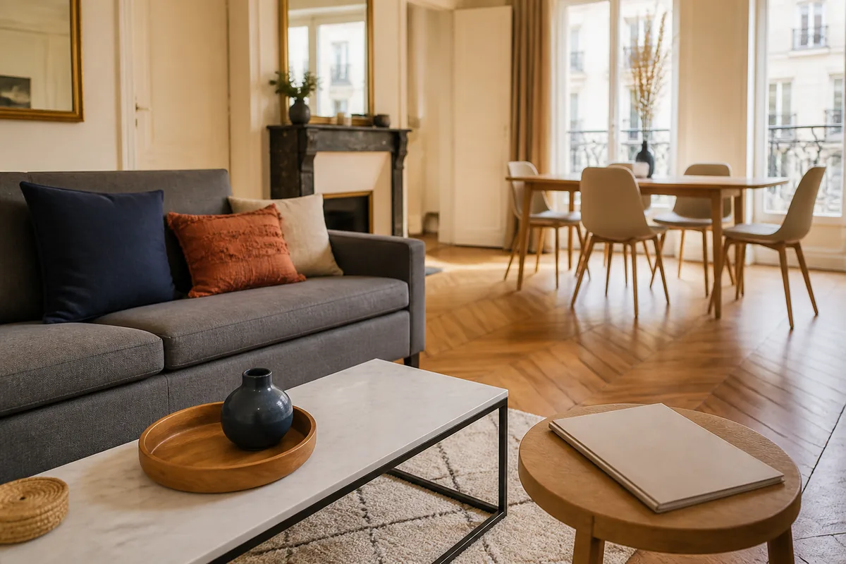 Intérieur meublé prêt à louer avec un dossier administratif au premier plan