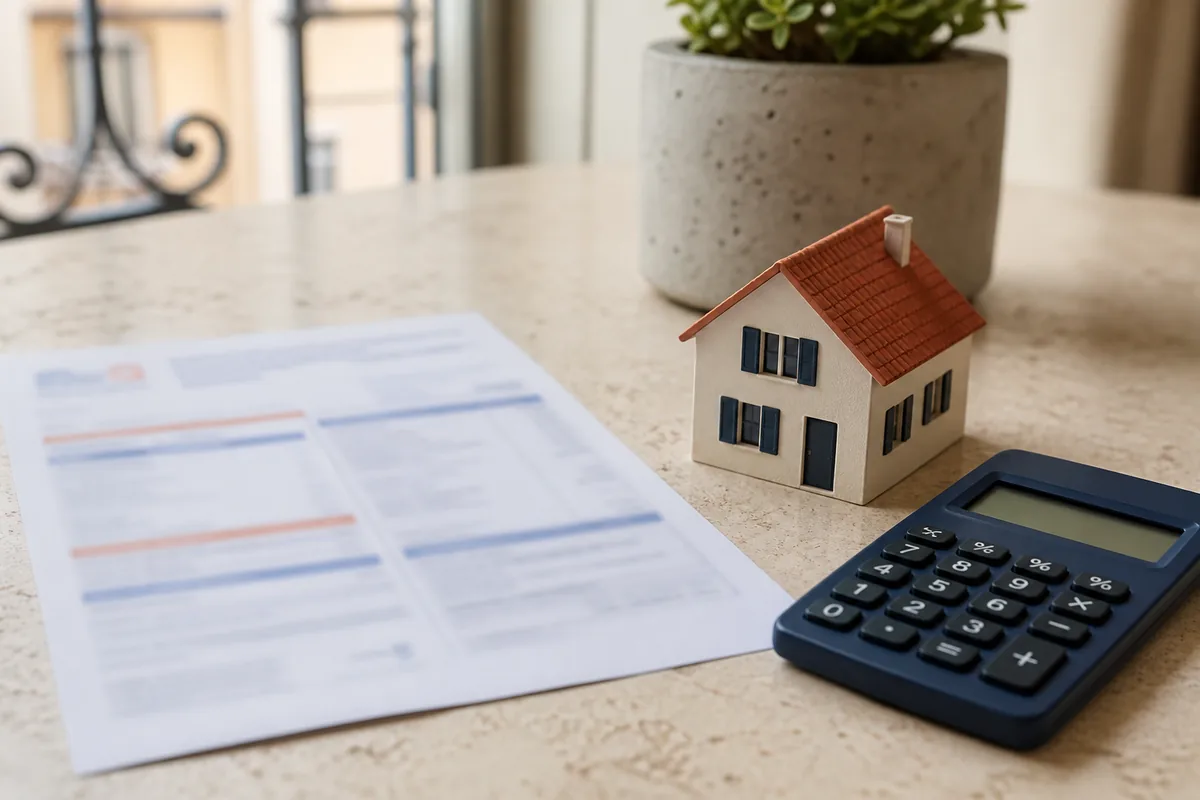 Avis de taxe foncière non lisible avec maison et calculatrice
