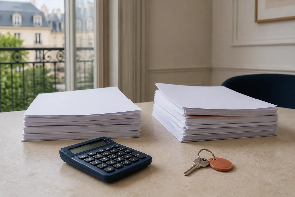Deux piles de justificatifs comparées avec une calculatrice et des clés