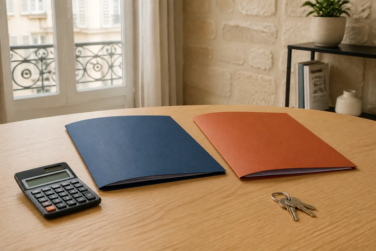 Propriétaire comparant deux dossiers de location sur une table claire
