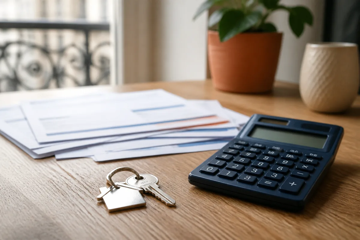 Main calculant loyers et charges près de factures et de clés immobilières