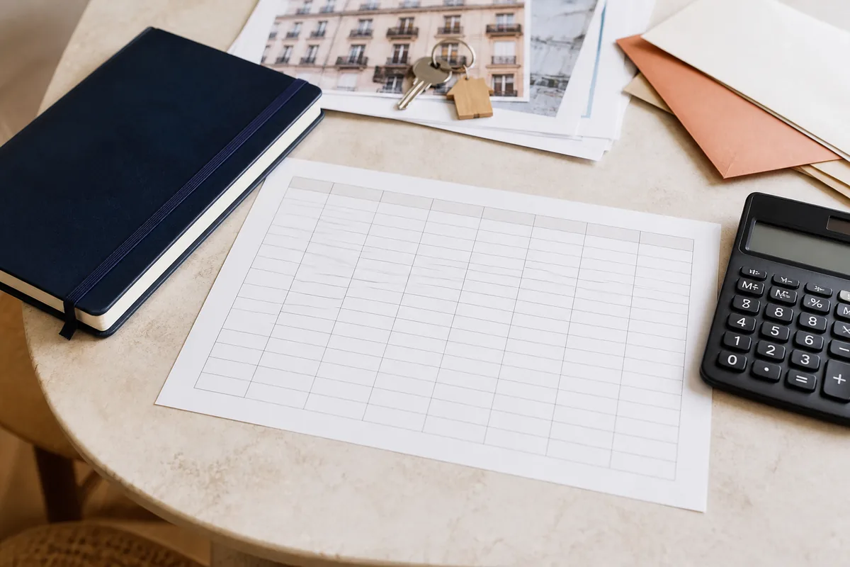 Tableur générique, carnet, calculatrice et documents locatifs sur une table