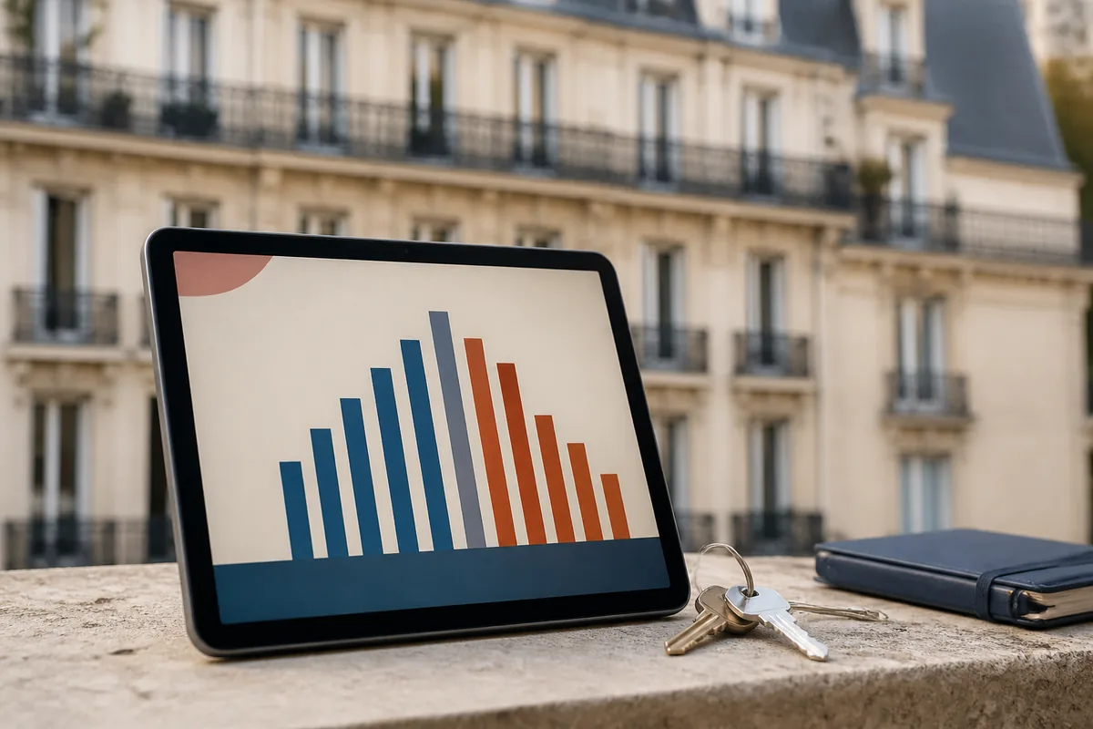 Graphique financier abstrait sur tablette avec clés et immeuble en arrière-plan