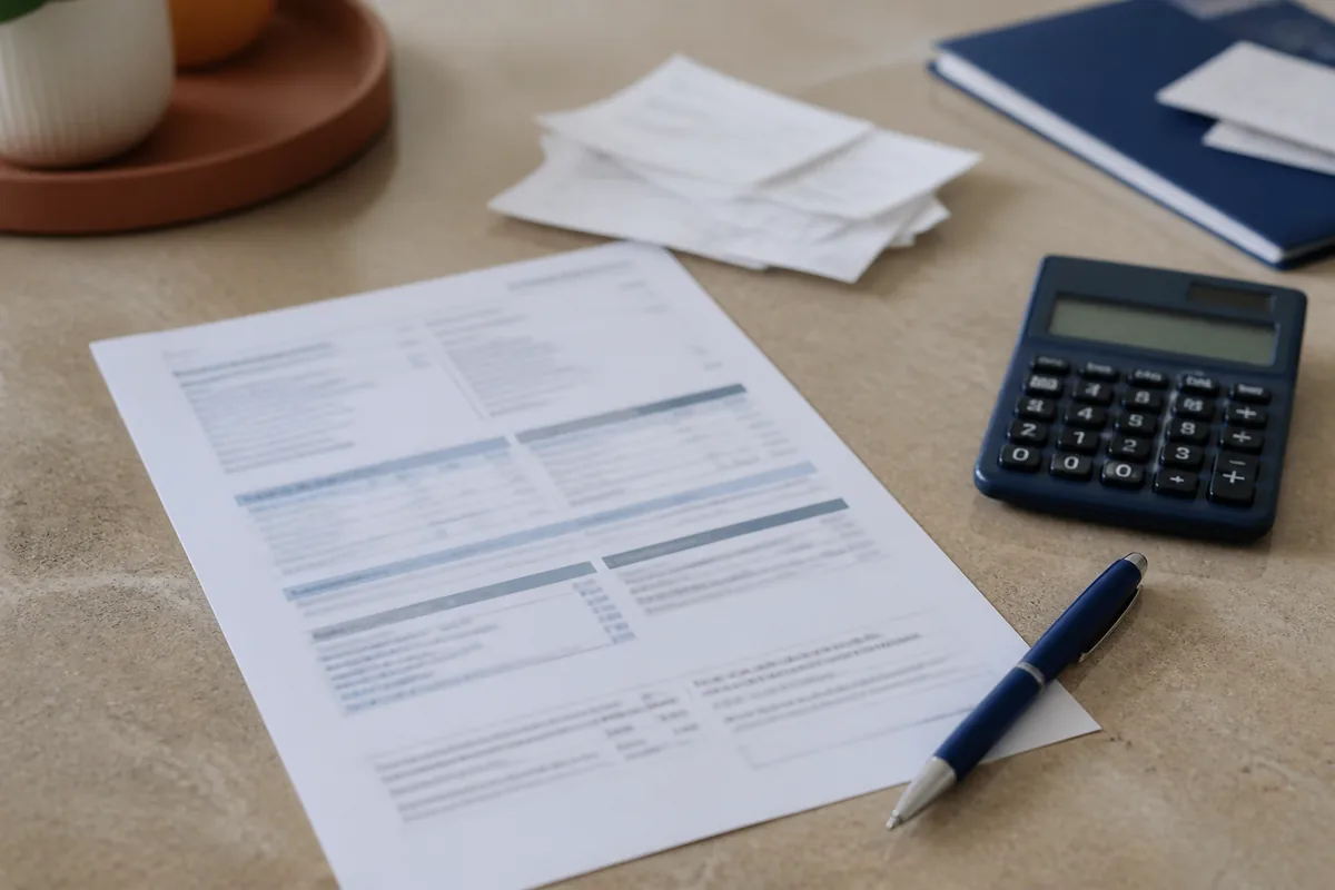 Formulaire fiscal générique avec stylo, calculatrice et justificatifs