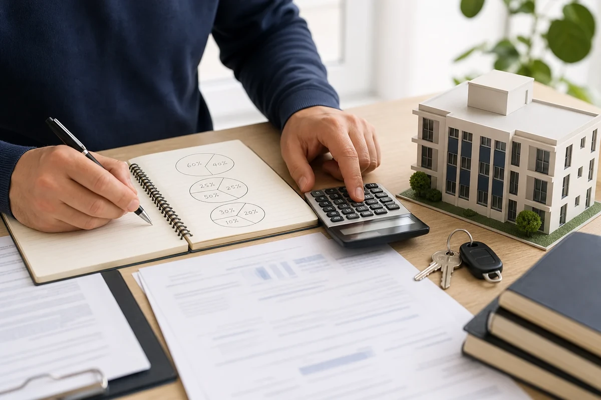 Bailleur calculant la CSG déductible avec une calculatrice et des documents locatifs
