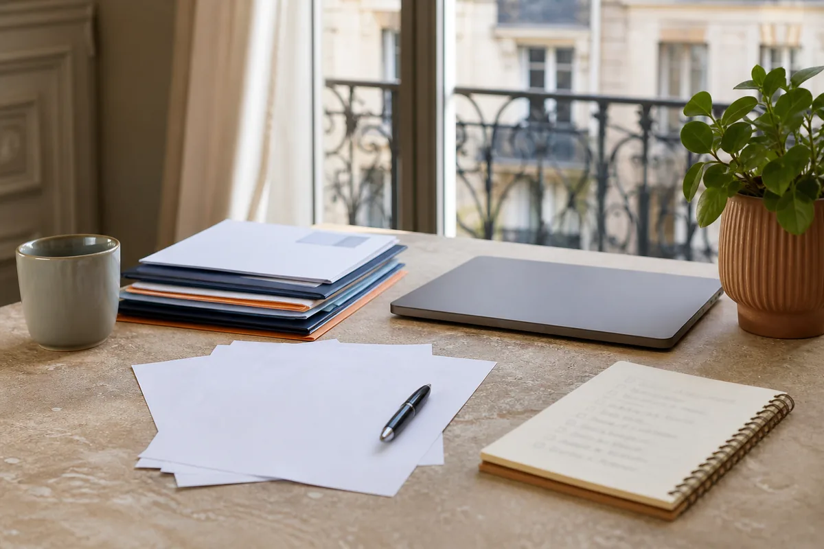 Bureau organisé avec documents locatifs, ordinateur et checklist manuscrite illisible