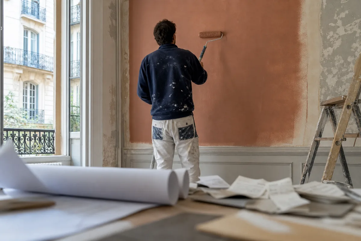 Artisan rénovant un appartement ancien avec plans et factures au premier plan