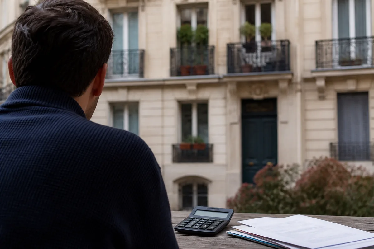 Investisseur étudiant des calculs fiscaux devant un immeuble résidentiel français